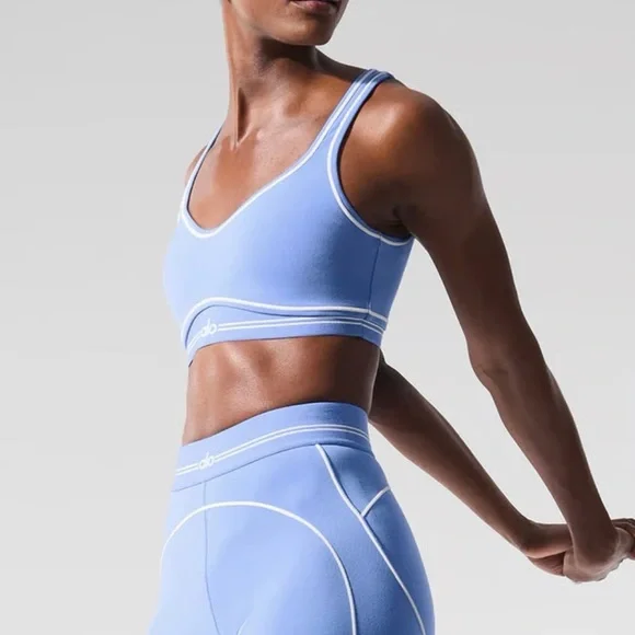 ALO Yoga Blue heartthrob Bra Modern Striped Detailing small medium legging set - Picture 2 of 5